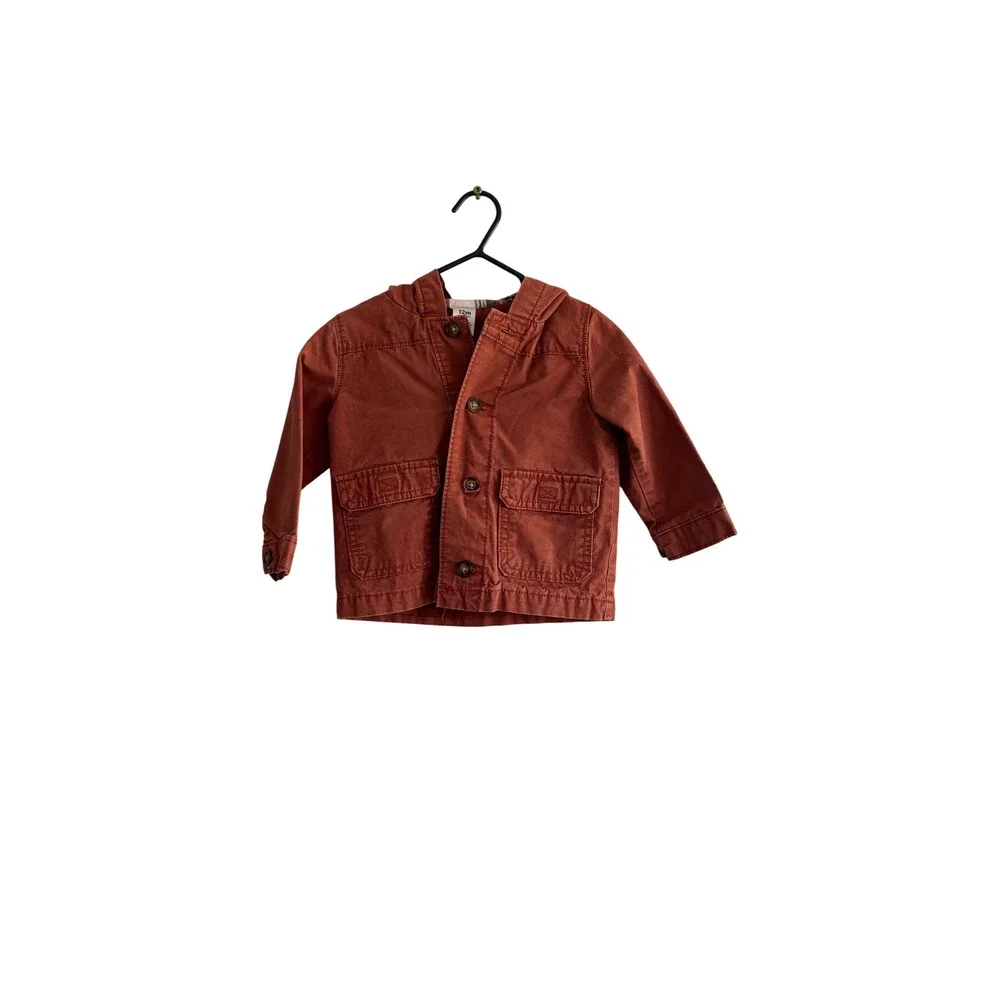 Carters Baby Boy Rust Orange Hooded Canvas Field Jacket 12M Plaid Lined